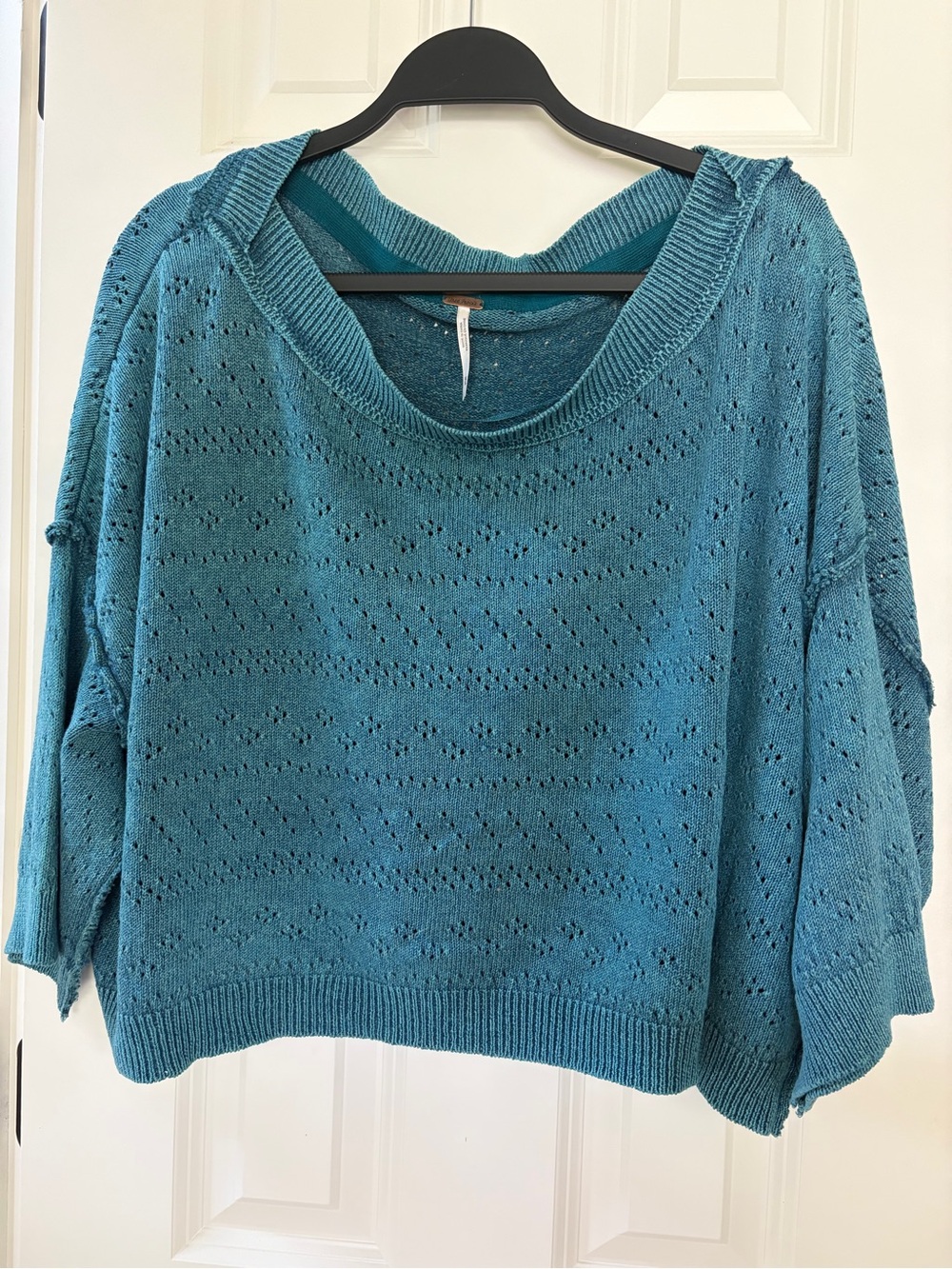 Free People Teal Openwork Scoop-Neck Pullover